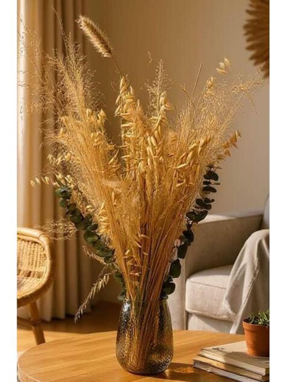 Dried Floral Arrangement with Glass Vase